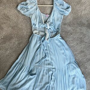 Pink Lily Blue Gingham Puff Sleeve Cutout Midi Dress – Size M